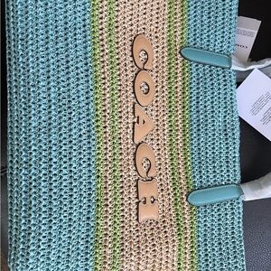 NWT Teal and tan coach raffia shoulder bag